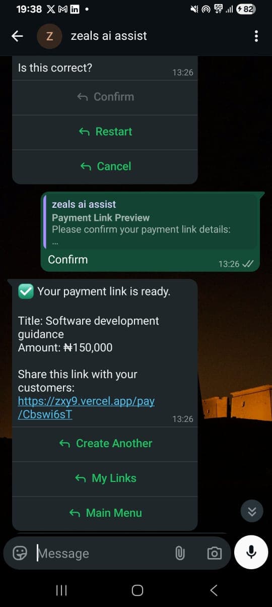WhatsApp chat showing payment link preview
