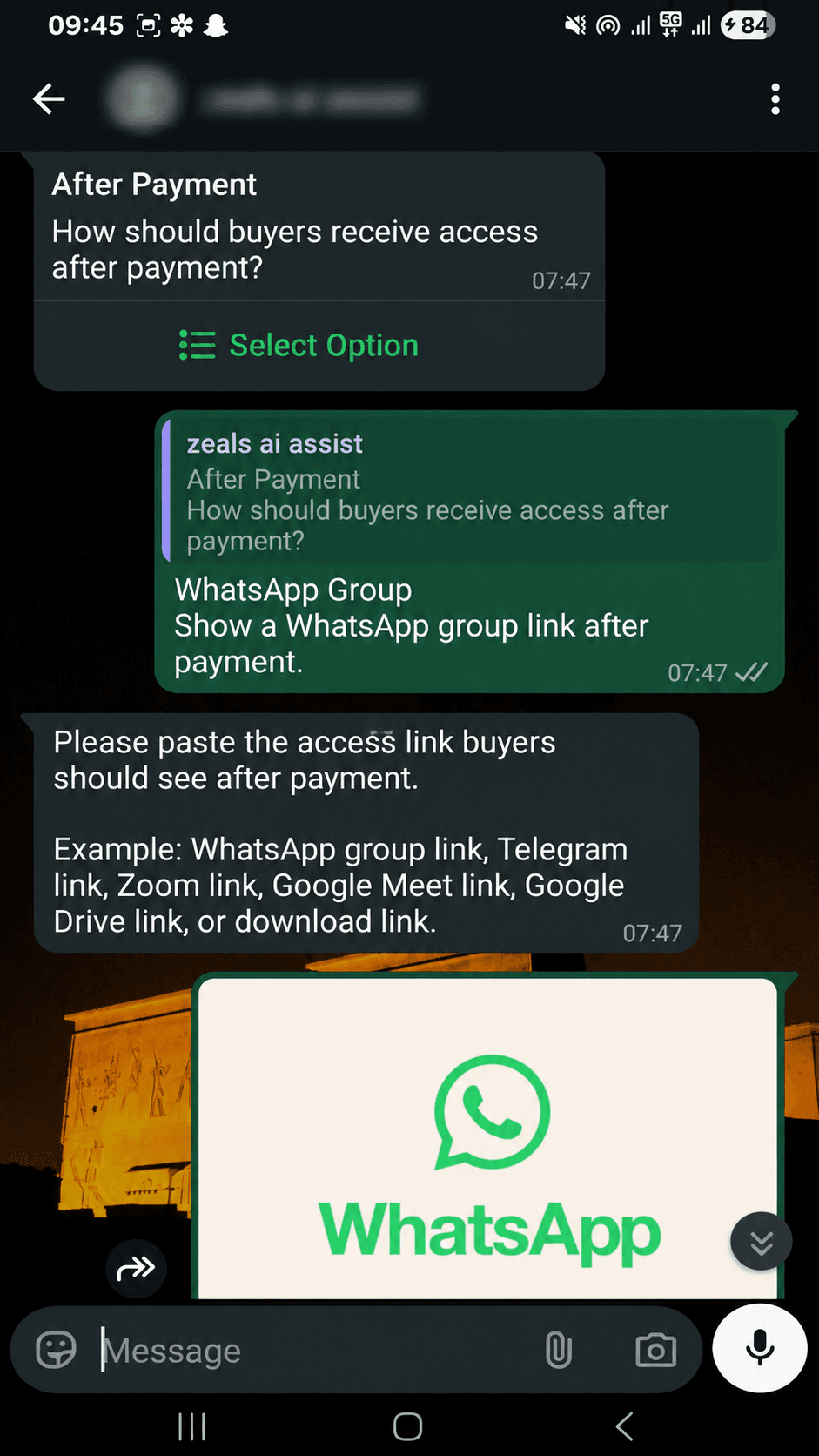 WhatsApp screenshot showing after-payment access setup