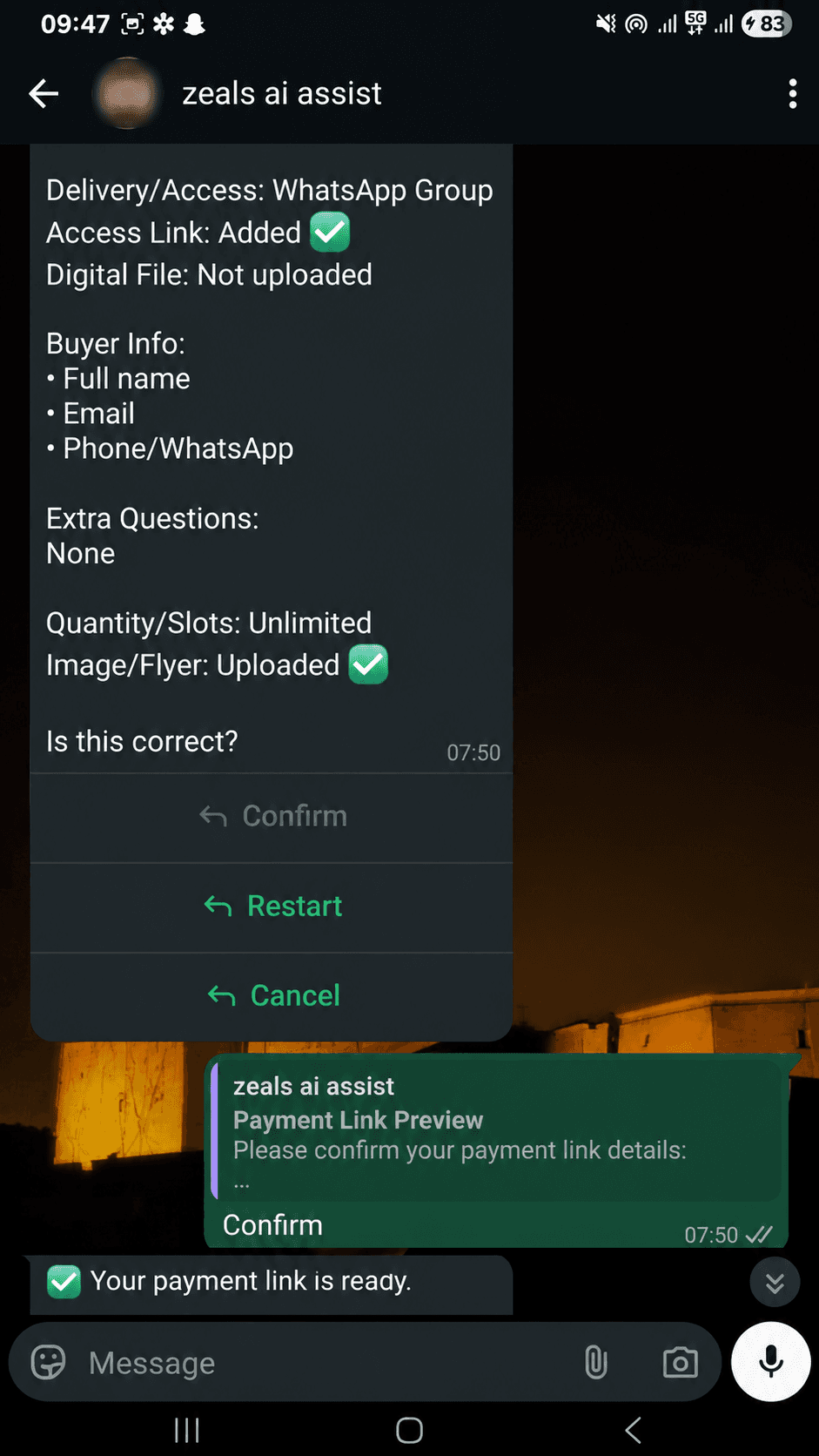 WhatsApp screenshot showing bank account setup with sensitive details blurred