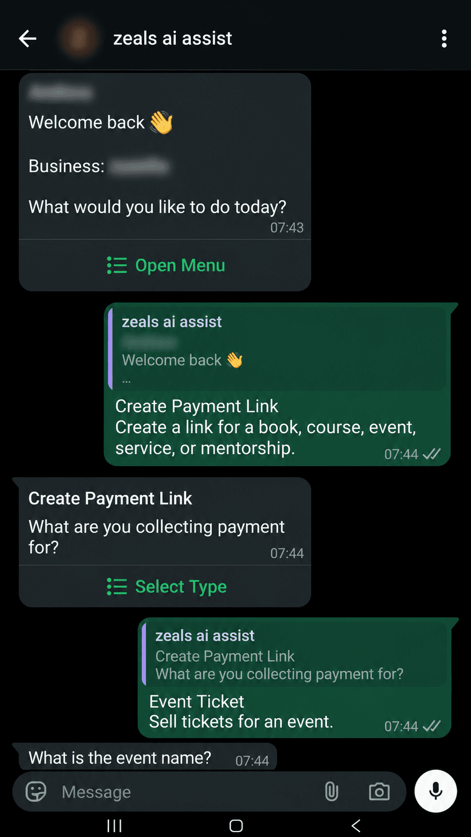 WhatsApp screenshot showing payment link creation flow