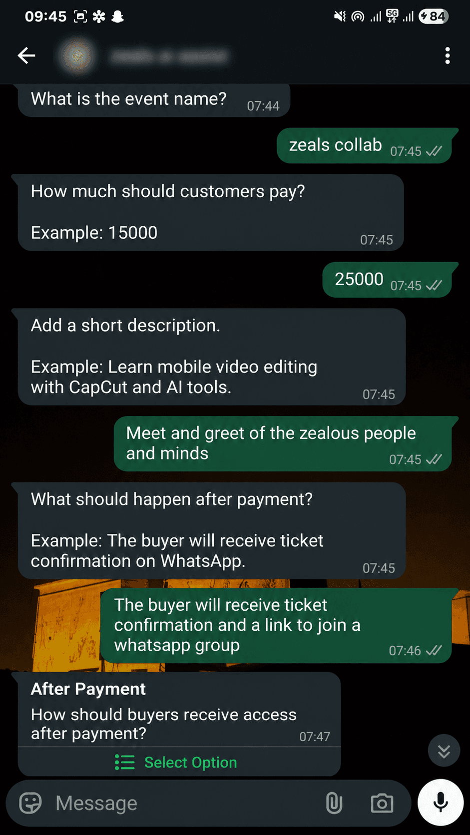 WhatsApp screenshot showing payment link details being collected