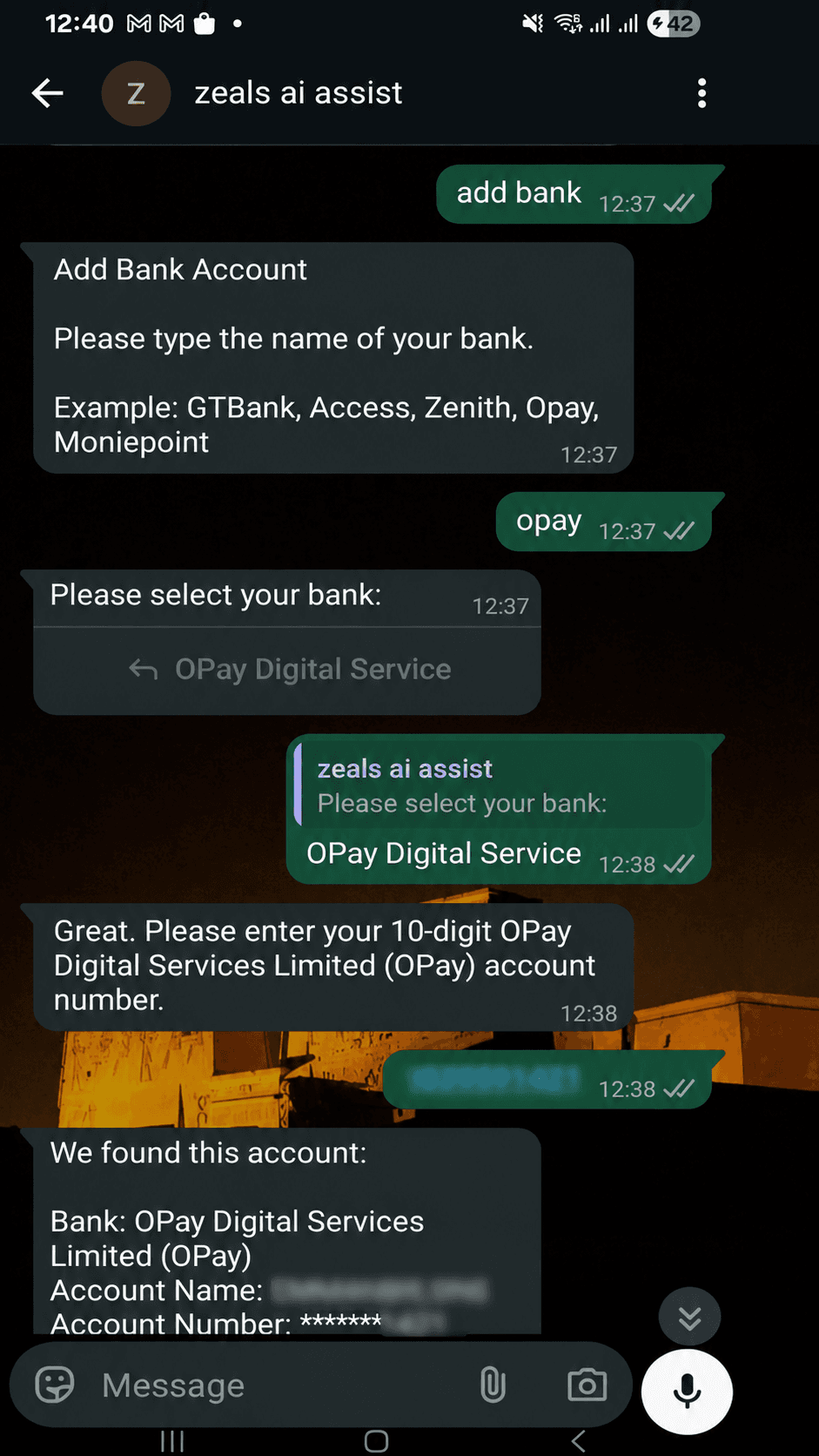 WhatsApp screenshot showing payment link preview and confirmation