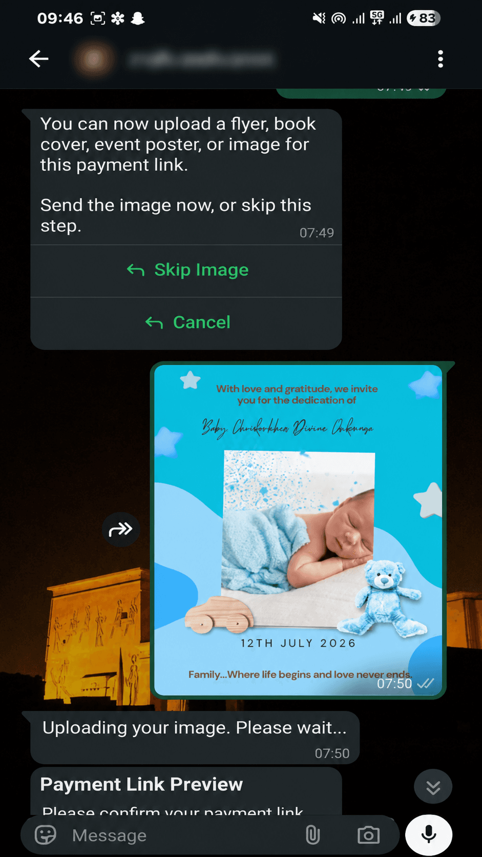WhatsApp screenshot showing image upload for a payment link